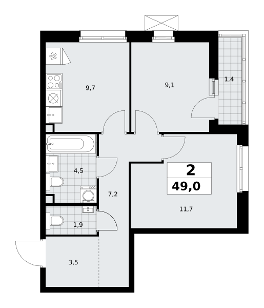 Планировка 2-комнатная квартира в ЖК "Прокшино"