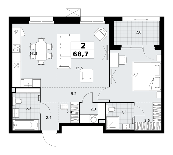 Планировка 2-комнатная квартира в ЖК "Дзен-кварталы"