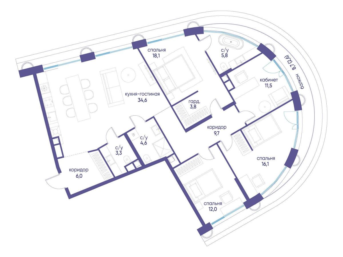 Планировка 4-комнатная квартира в ЖК "Остров"