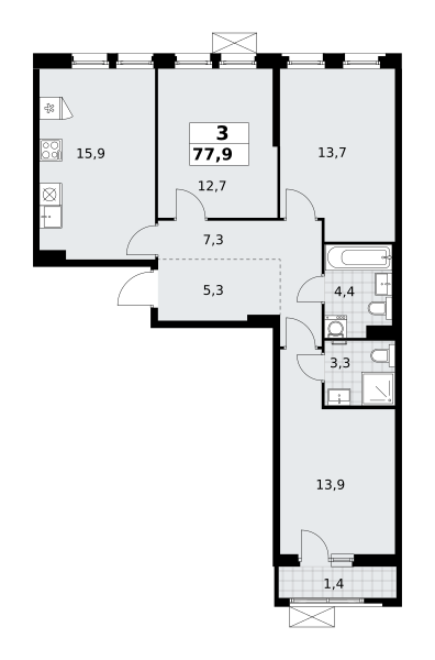 Планировка 3-комнатная квартира в ЖК "Прокшино"