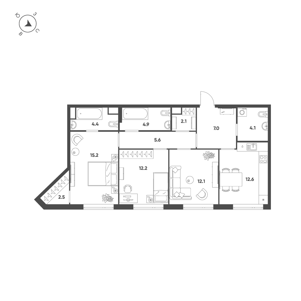 Планировка 3-комнатная квартира в ЖК Voxhall (Воксхолл)