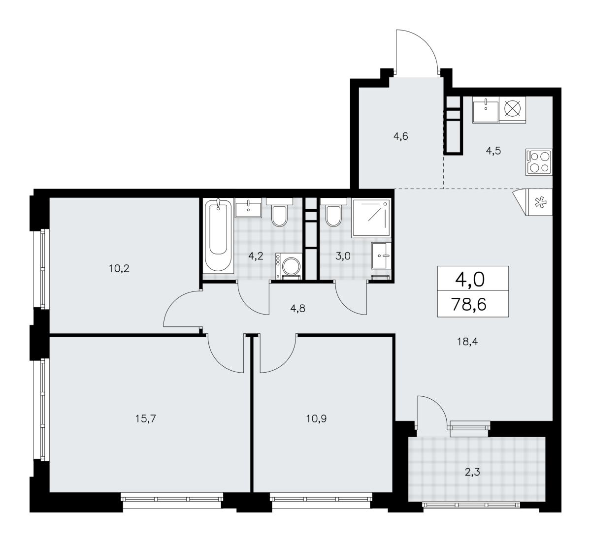 Планировка 4-комнатная квартира в ЖК "Дзен-кварталы"