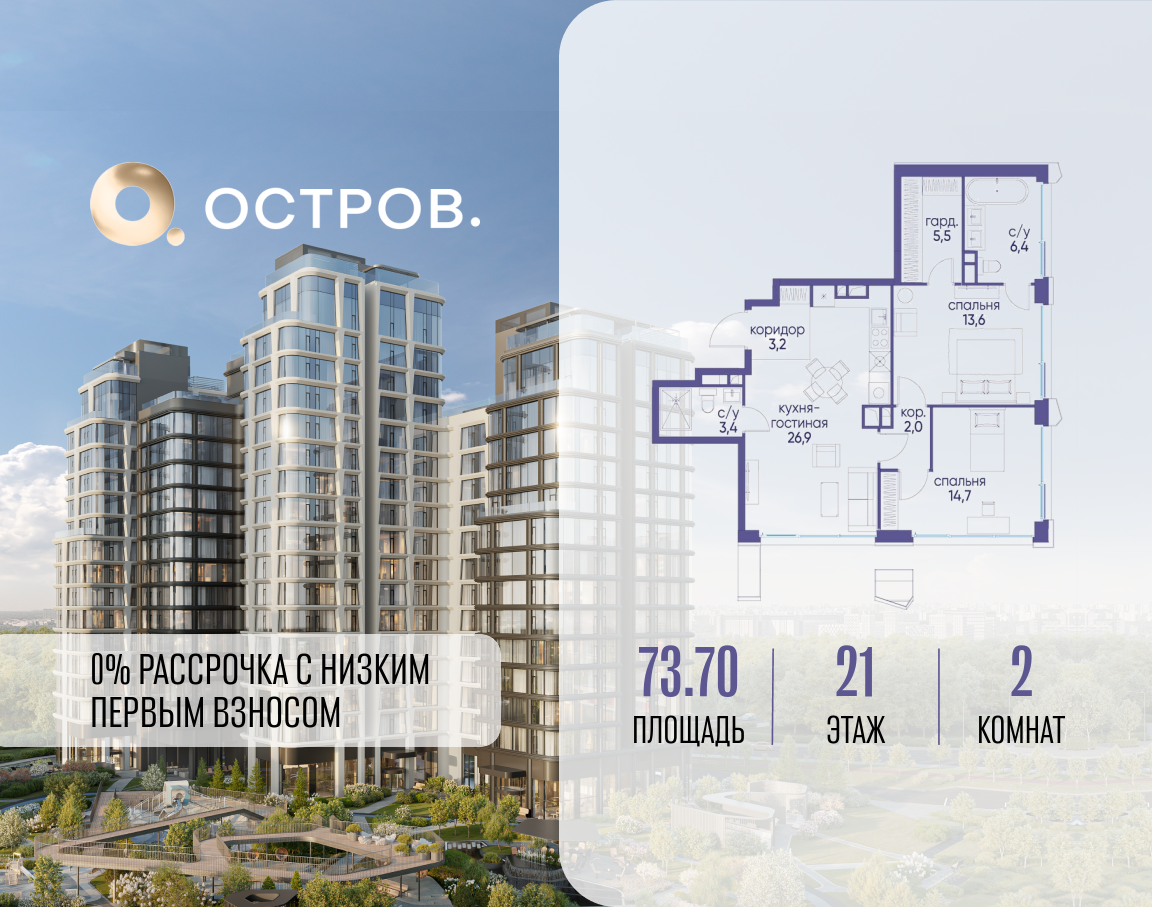 Планировка 2-комнатная квартира в ЖК "Остров"