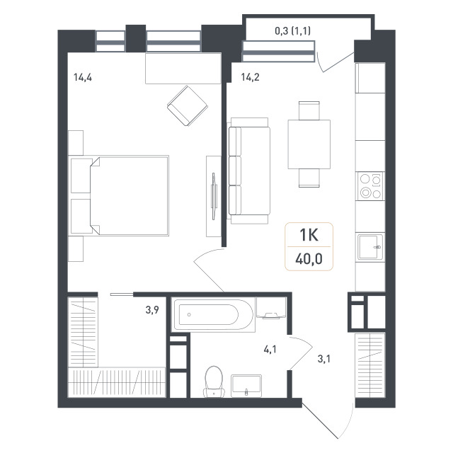 Планировка 1-комнатная квартира в ЖК "Новая Щербинка"