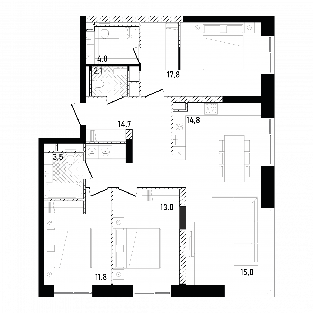 Планировка 3-комнатная квартира в ЖК Republic (Репаблик)