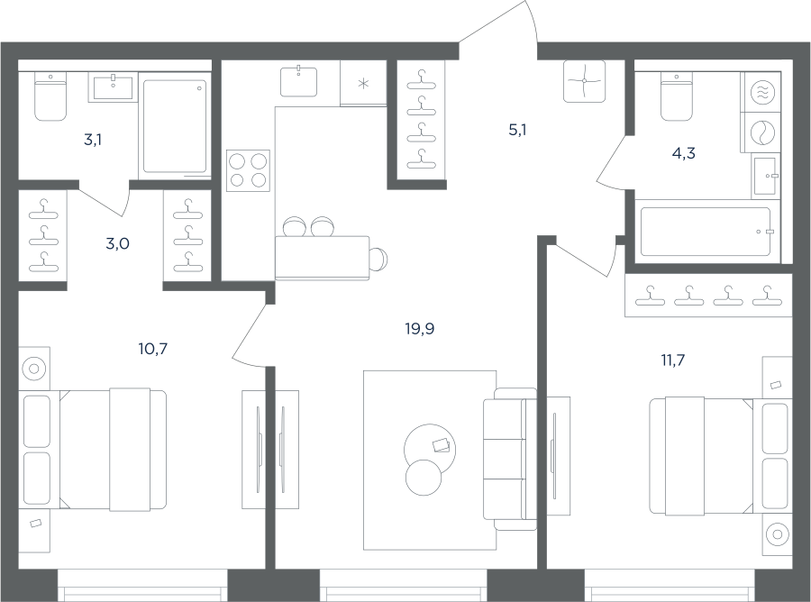 Планировка 2-комнатная квартира в ЖК "Равновесие"