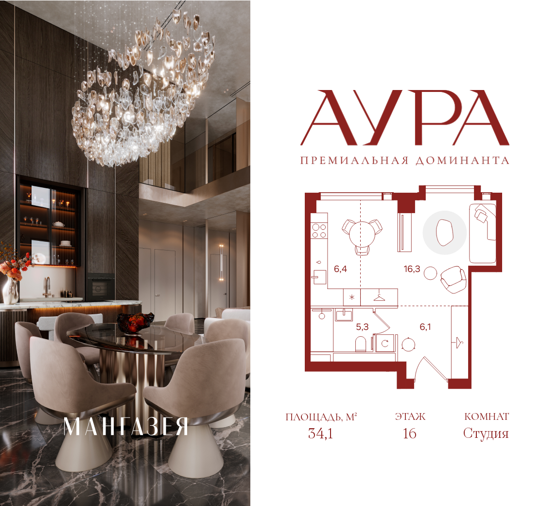 Планировка Студийная планировка в ЖК "АУРА" (Мангазея на Тульской)