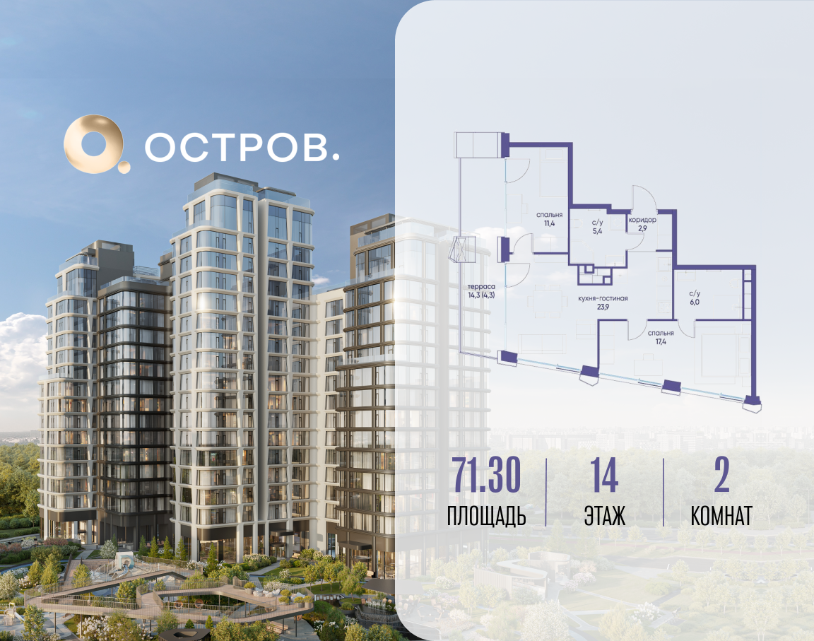 Планировка 2-комнатная квартира в ЖК "Остров"