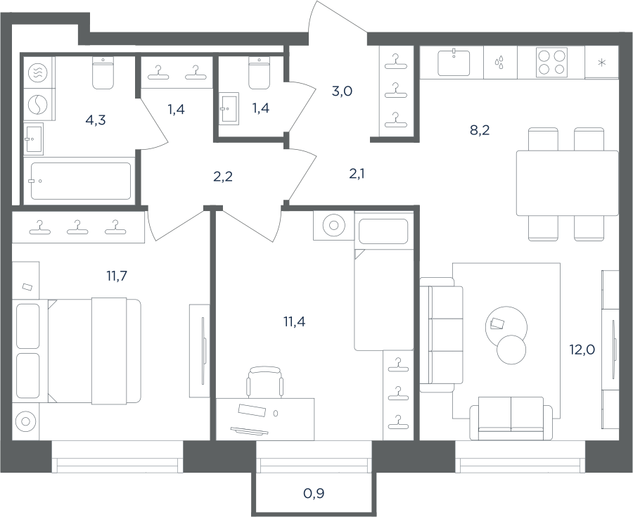 Планировка 3-комнатная квартира в ЖК "Равновесие"