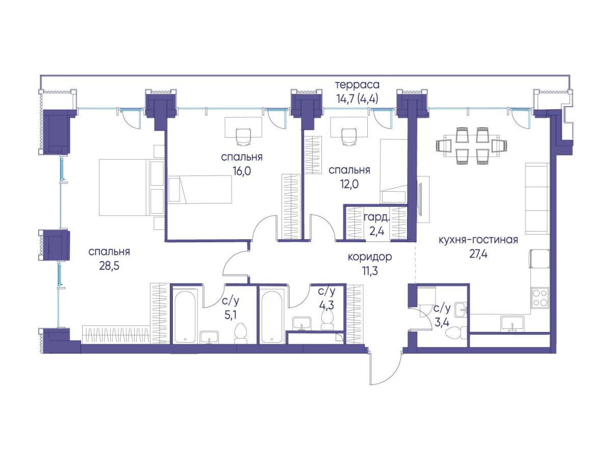 Планировка 3-комнатная квартира в ЖК "Событие"