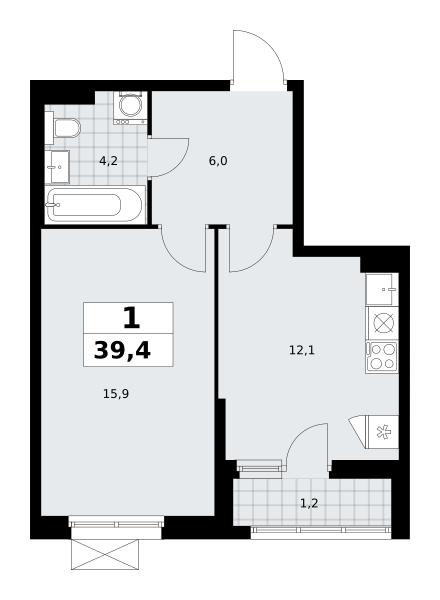 Планировка 1-комнатная квартира в ЖК "Прокшино"