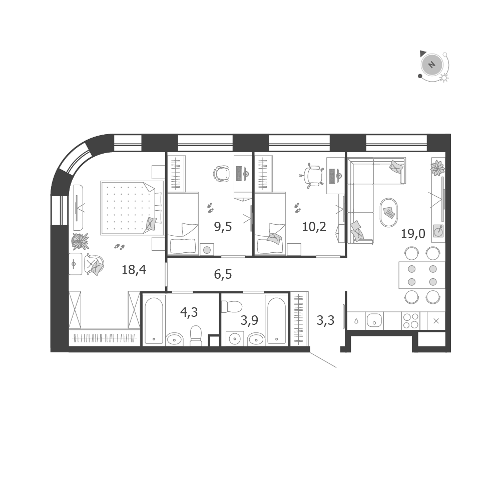 Планировка 3-комнатная квартира в ЖК Shagal (Шагал)