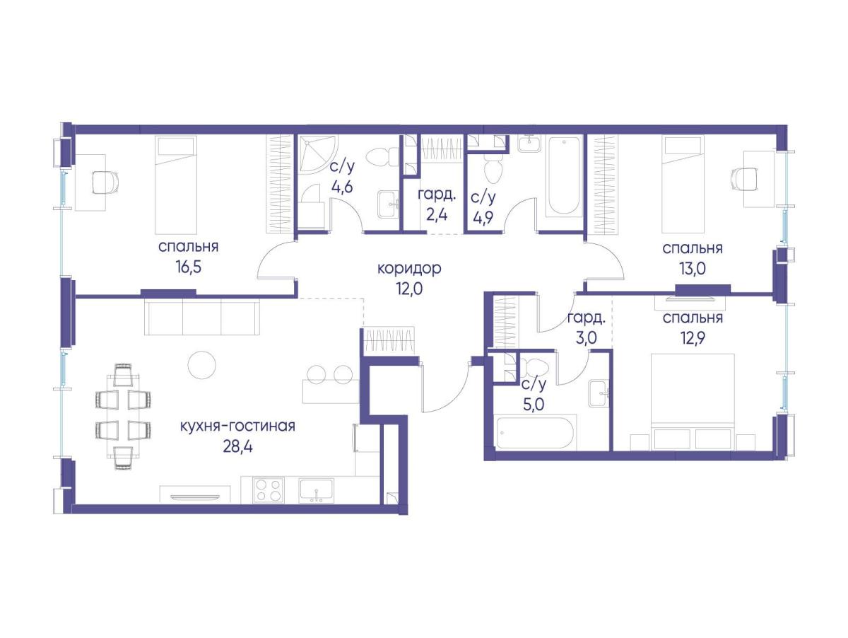 Планировка 3-комнатная квартира в ЖК "Событие"