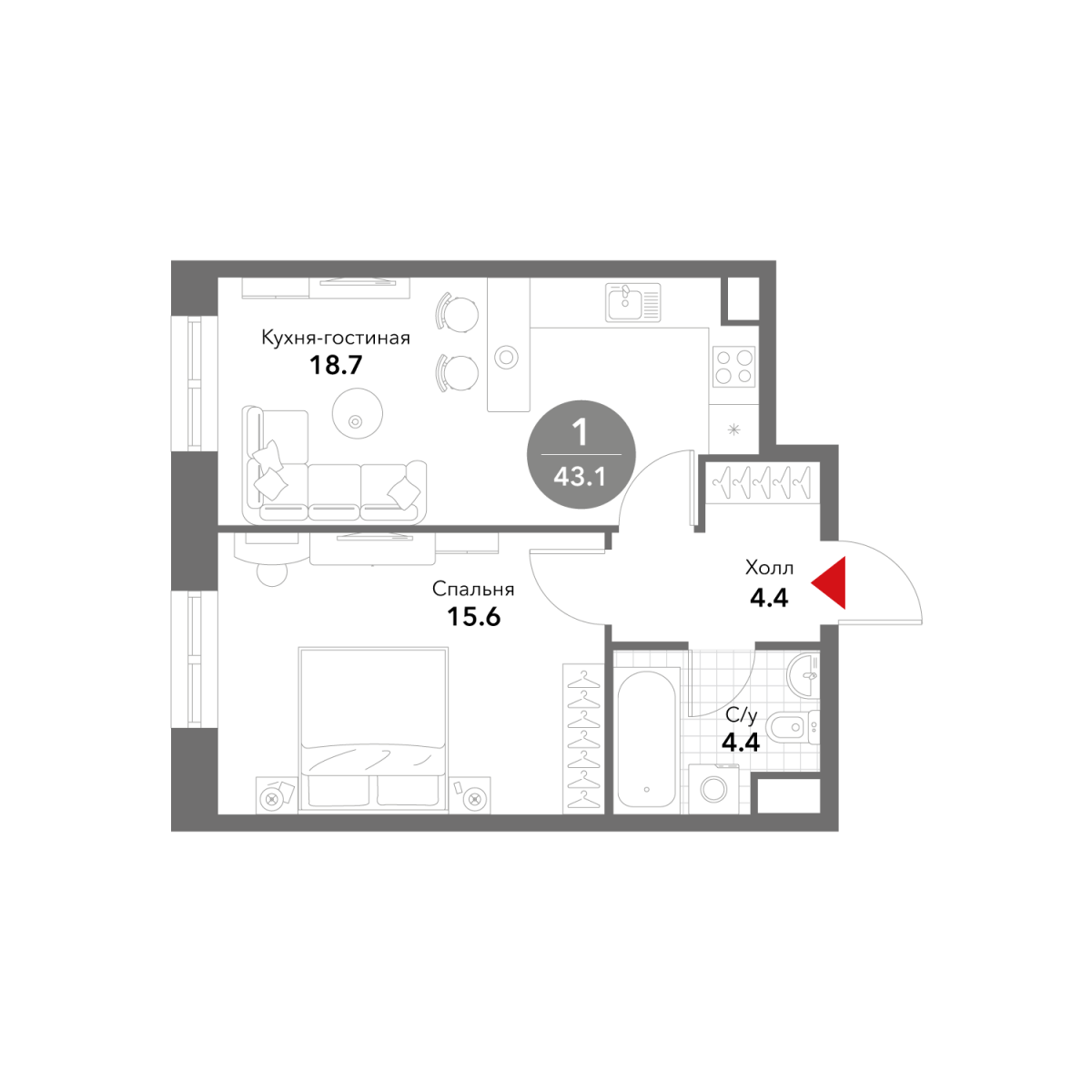 Планировка 1-комнатная квартира в ЖК Voxhall (Воксхолл)