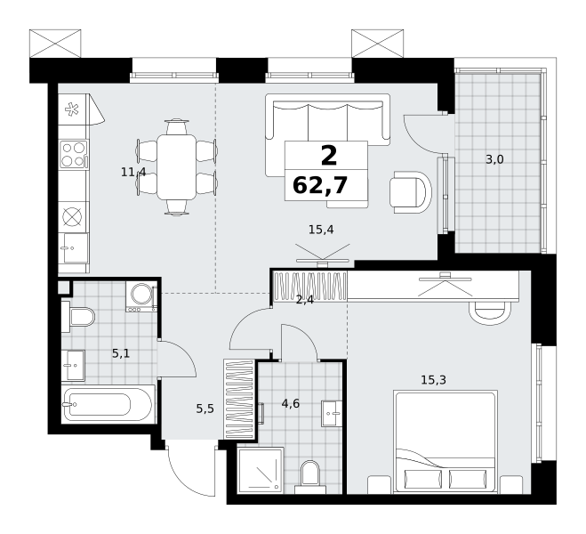 Планировка 2-комнатная квартира в ЖК "Дзен-кварталы"