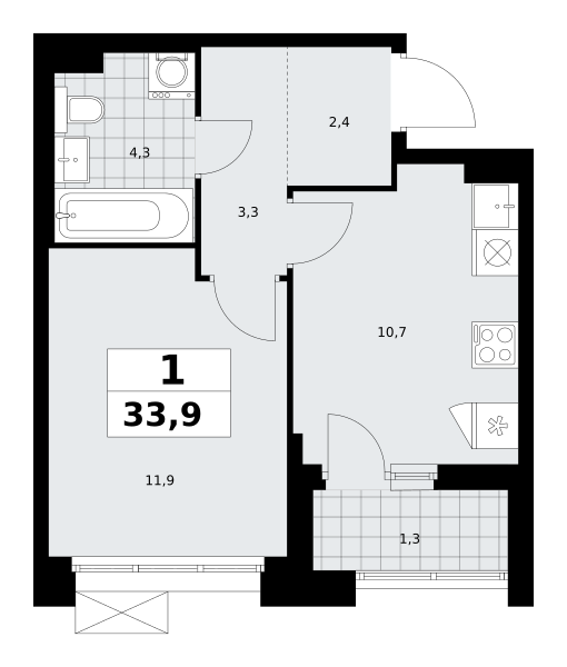 Планировка 1-комнатная квартира в ЖК "Прокшино"