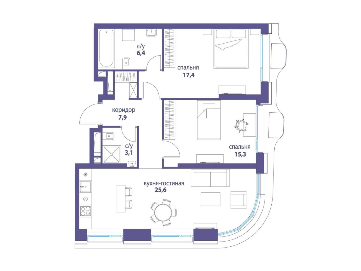 Планировка 2-комнатная квартира в ЖК "Символ"