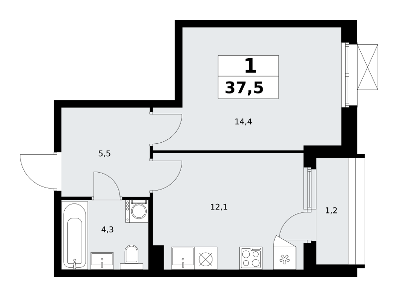Планировка 1-комнатная квартира в ЖК "Прокшино"