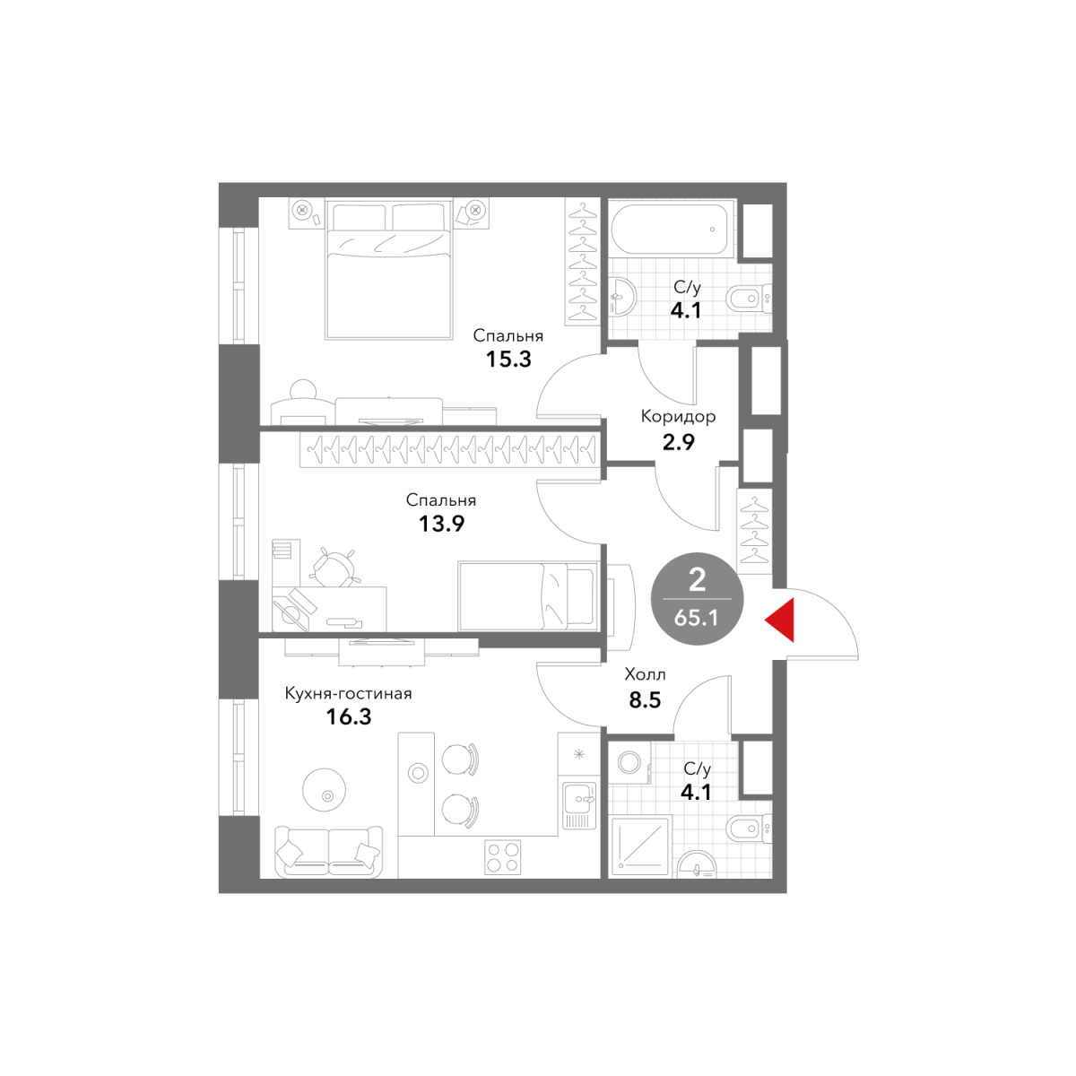 Планировка 2-комнатная квартира в ЖК Voxhall (Воксхолл)