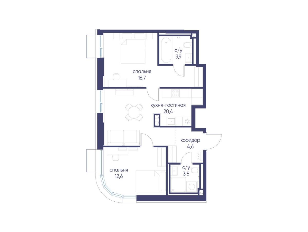 Планировка 2-комнатная квартира в ЖК "Символ"
