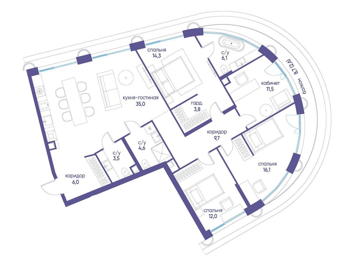 Планировка 4-комнатная квартира в ЖК "Остров"