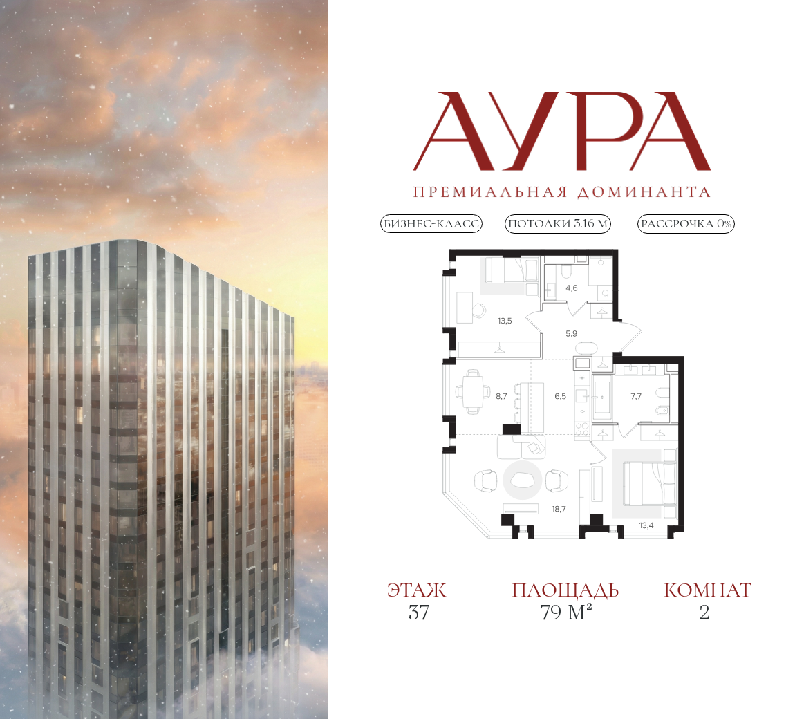 Планировка 2-комнатная квартира в ЖК "АУРА" (Мангазея на Тульской)