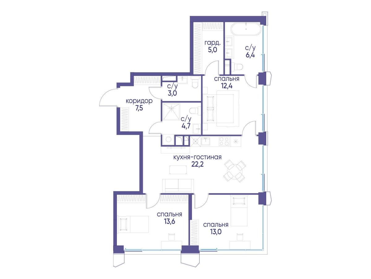 Планировка 3-комнатная квартира в ЖК "Остров"