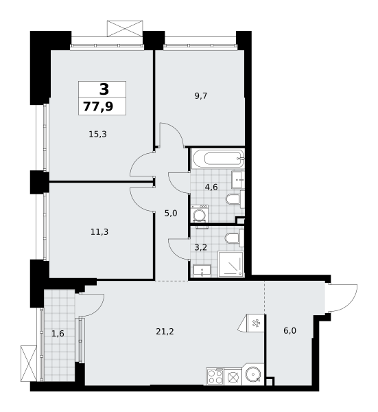 Планировка 3-комнатная квартира в ЖК "Прокшино"