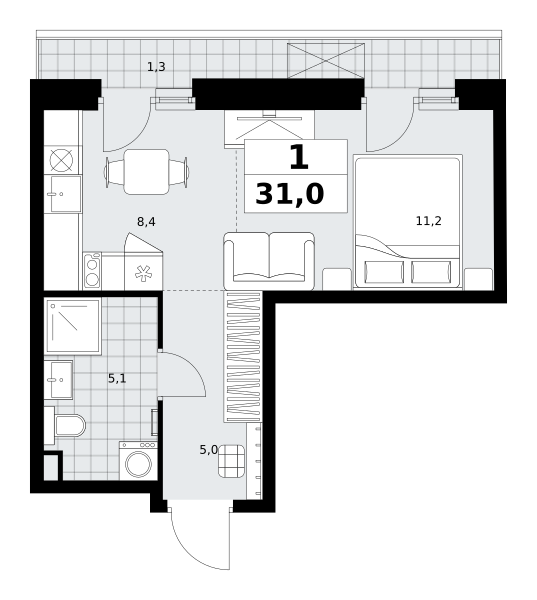 Планировка 1-комнатная квартира в ЖК "Дзен-кварталы"