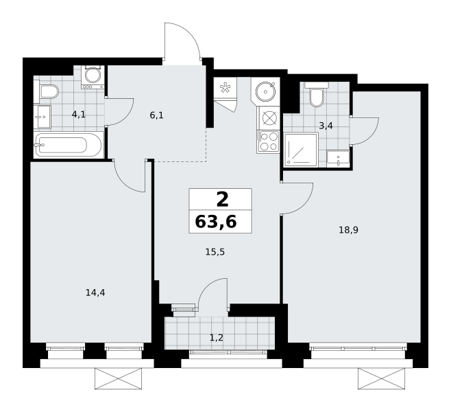 Планировка 2-комнатная квартира в ЖК "Прокшино"