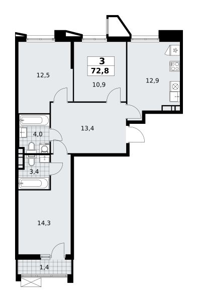 Планировка 3-комнатная квартира в ЖК "Прокшино"