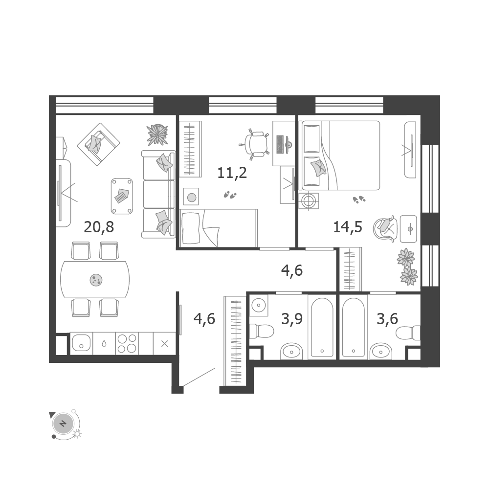 Планировка 2-комнатная квартира в ЖК Shagal (Шагал)