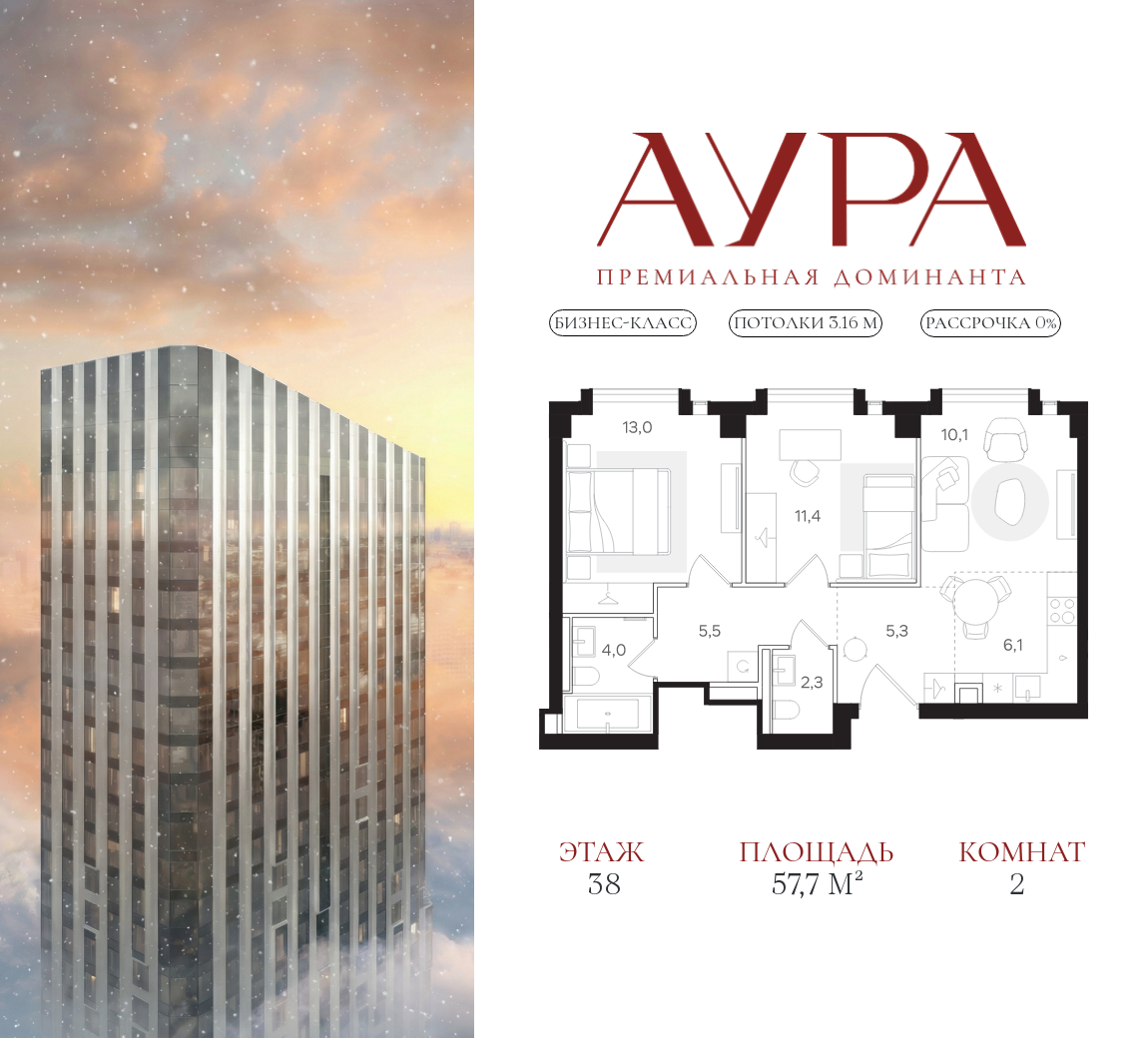 Планировка 2-комнатная квартира в ЖК "АУРА" (Мангазея на Тульской)