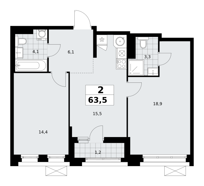 Планировка 2-комнатная квартира в ЖК "Прокшино"