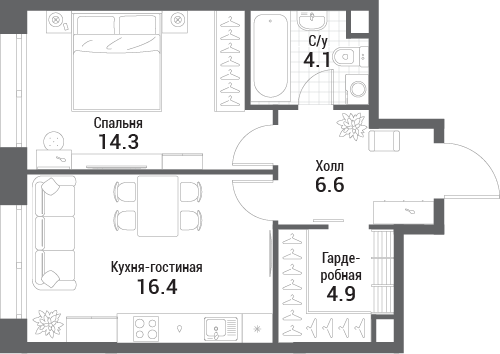 Планировка 1-комнатная квартира в ЖК Nagatino i-Land (Нагатино ай-лэнд)