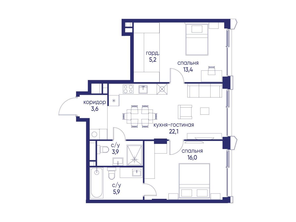 Планировка 2-комнатная квартира в ЖК "Остров"