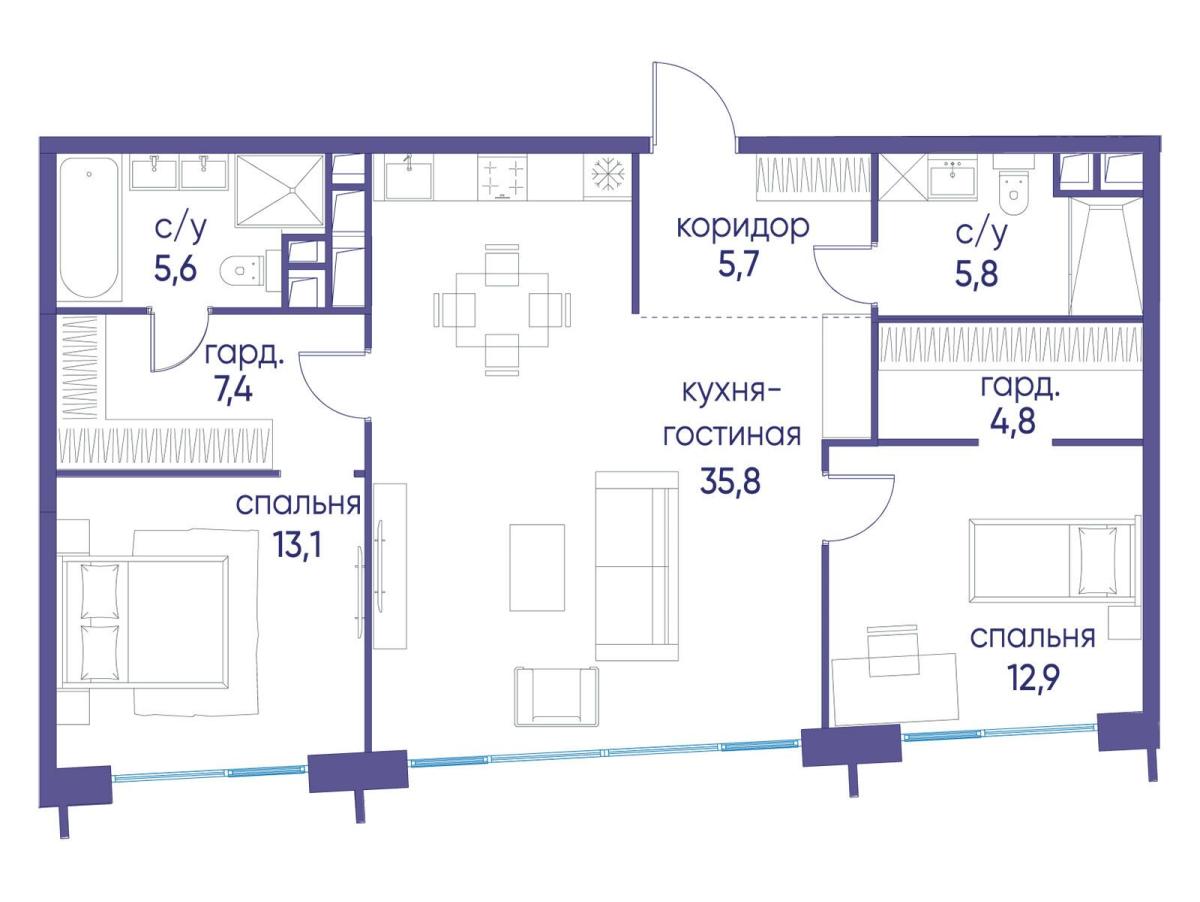 Планировка 2-комнатная квартира в ЖК "Остров"