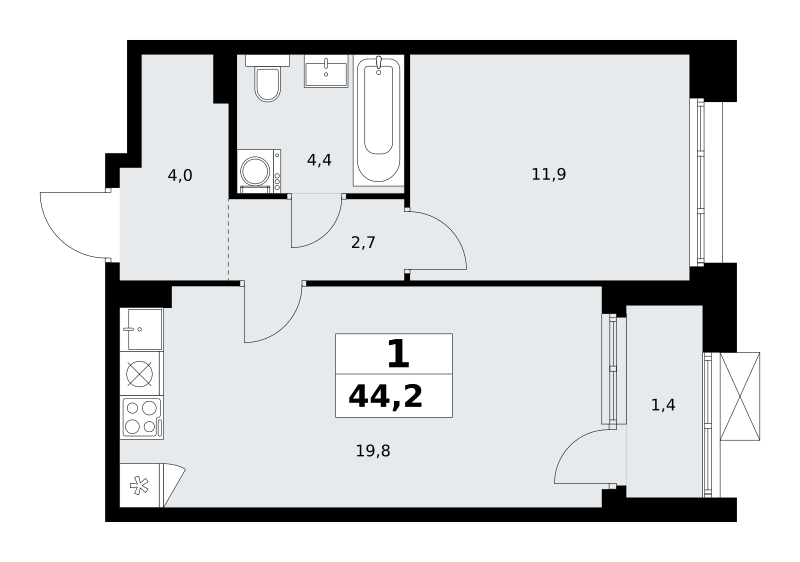 Планировка 1-комнатная квартира в ЖК "Прокшино"