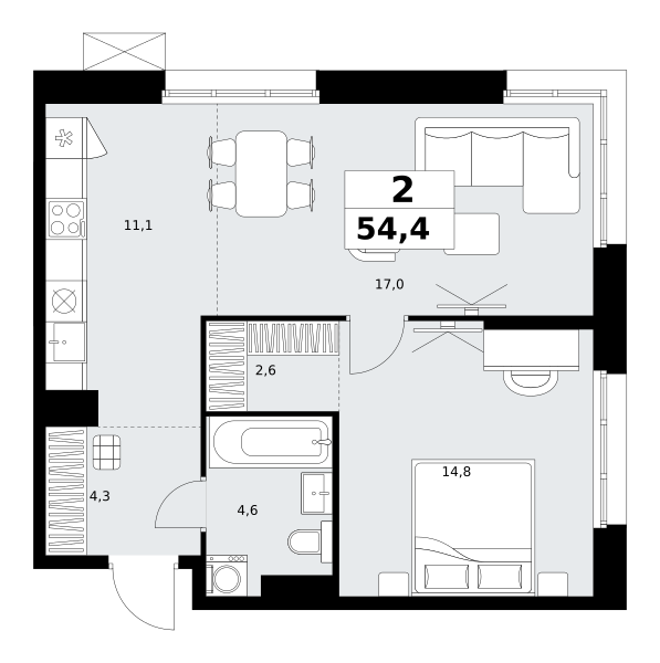 Планировка 2-комнатная квартира в ЖК "Дзен-кварталы"