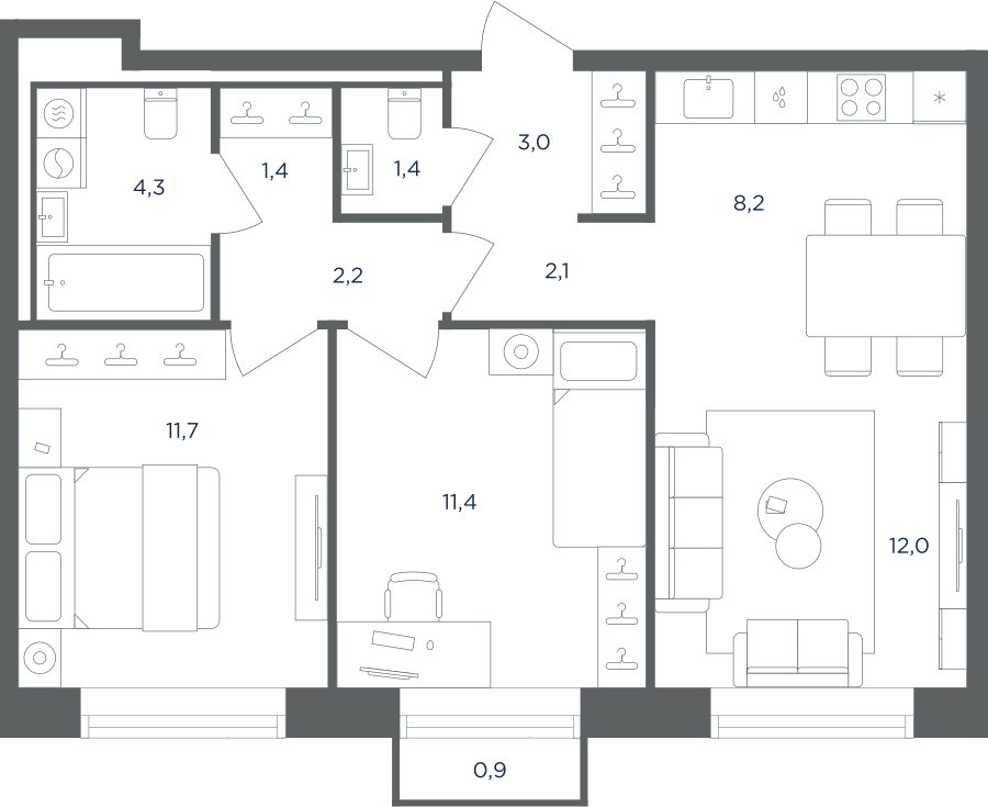 Планировка 3-комнатная квартира в ЖК "Равновесие"