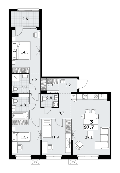 Планировка 3-комнатная квартира в ЖК "Дзен-кварталы"