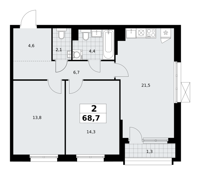 Планировка 2-комнатная квартира в ЖК "Прокшино"