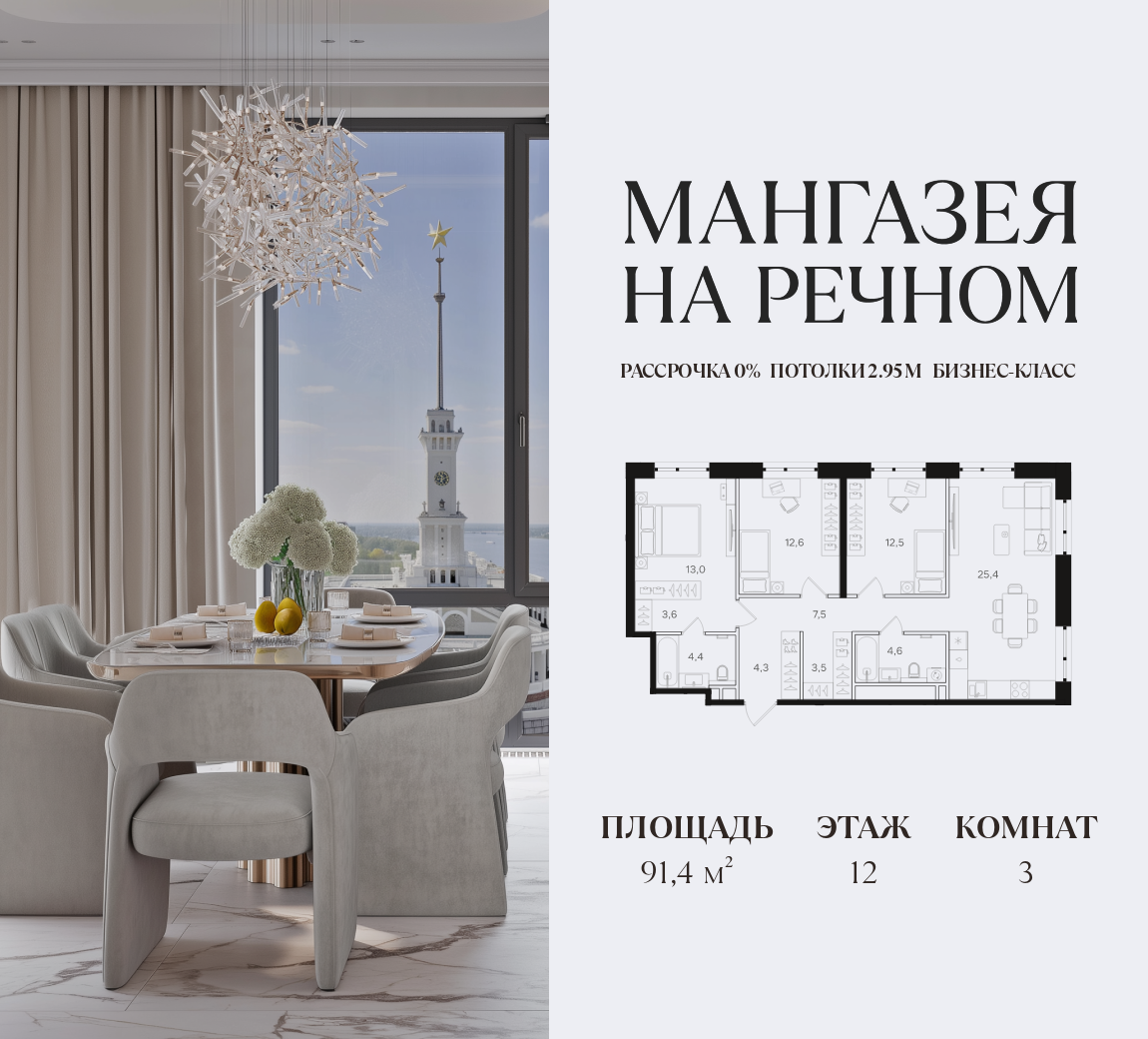 Планировка 3-комнатная квартира в ЖК "Мангазея на Речном"