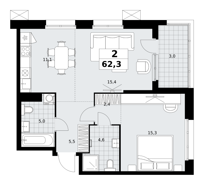 Планировка 2-комнатная квартира в ЖК "Дзен-кварталы"