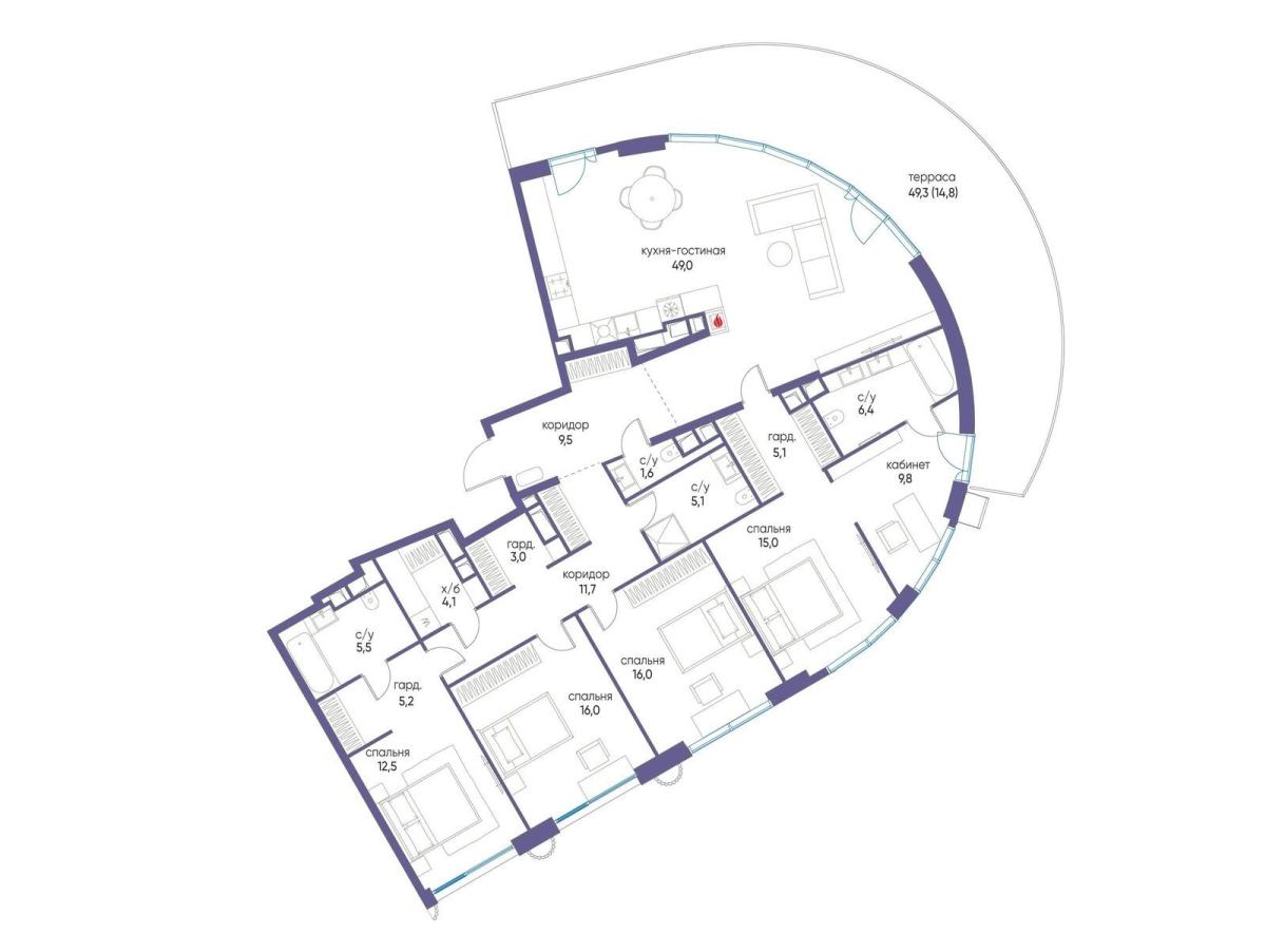 Планировка 5-комнатная квартира в ЖК "Остров"