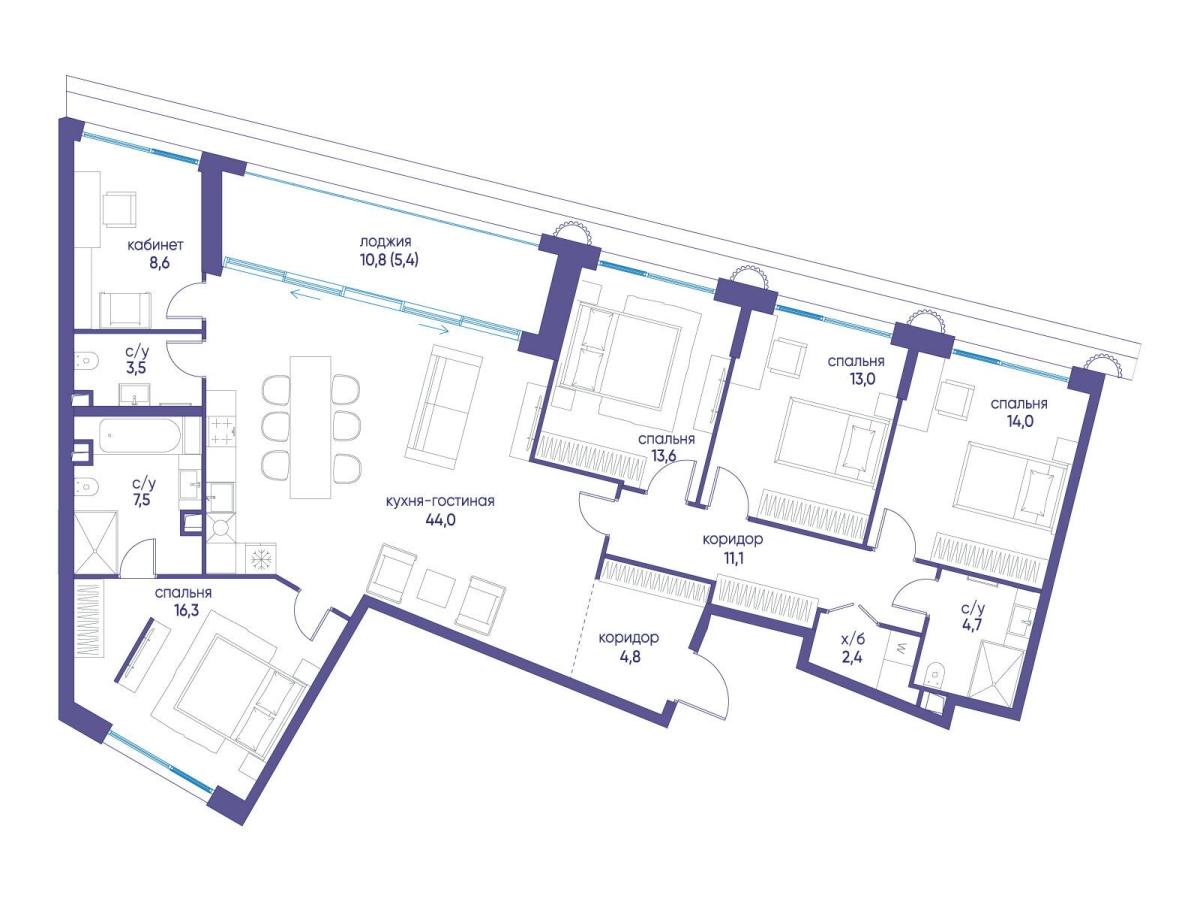 Планировка 5-комнатная квартира в ЖК "Остров"