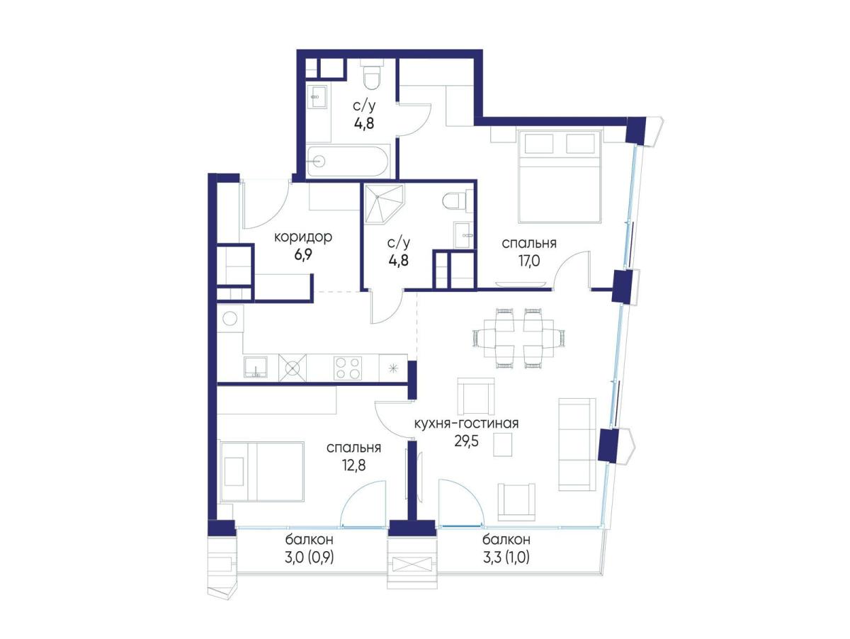Планировка 2-комнатная квартира в ЖК "Остров"