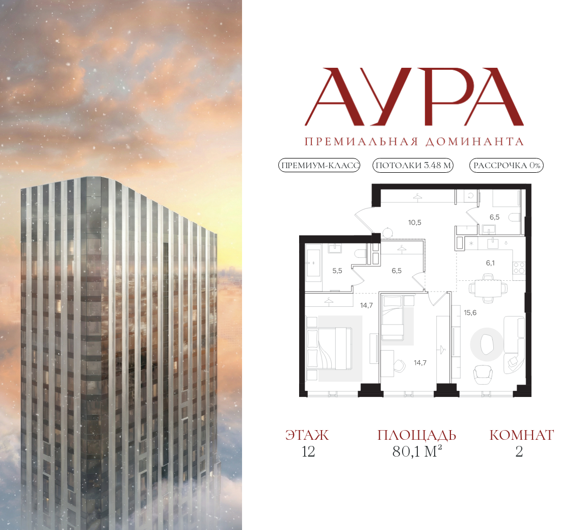 Планировка 2-комнатная квартира в ЖК "АУРА" (Мангазея на Тульской)