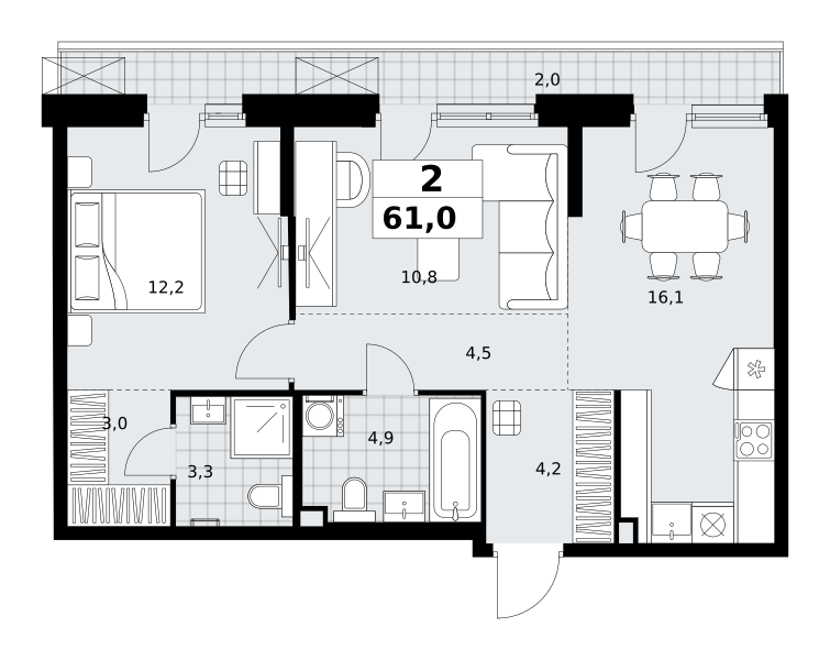 Планировка 2-комнатная квартира в ЖК "Дзен-кварталы"
