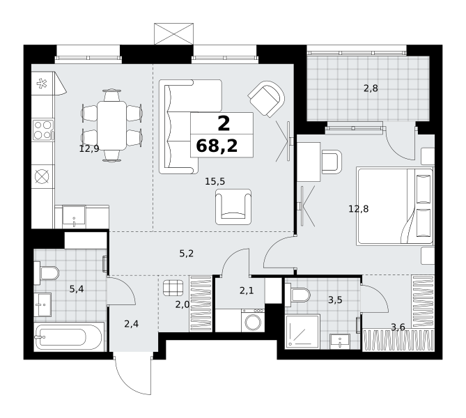 Планировка 2-комнатная квартира в ЖК "Дзен-кварталы"